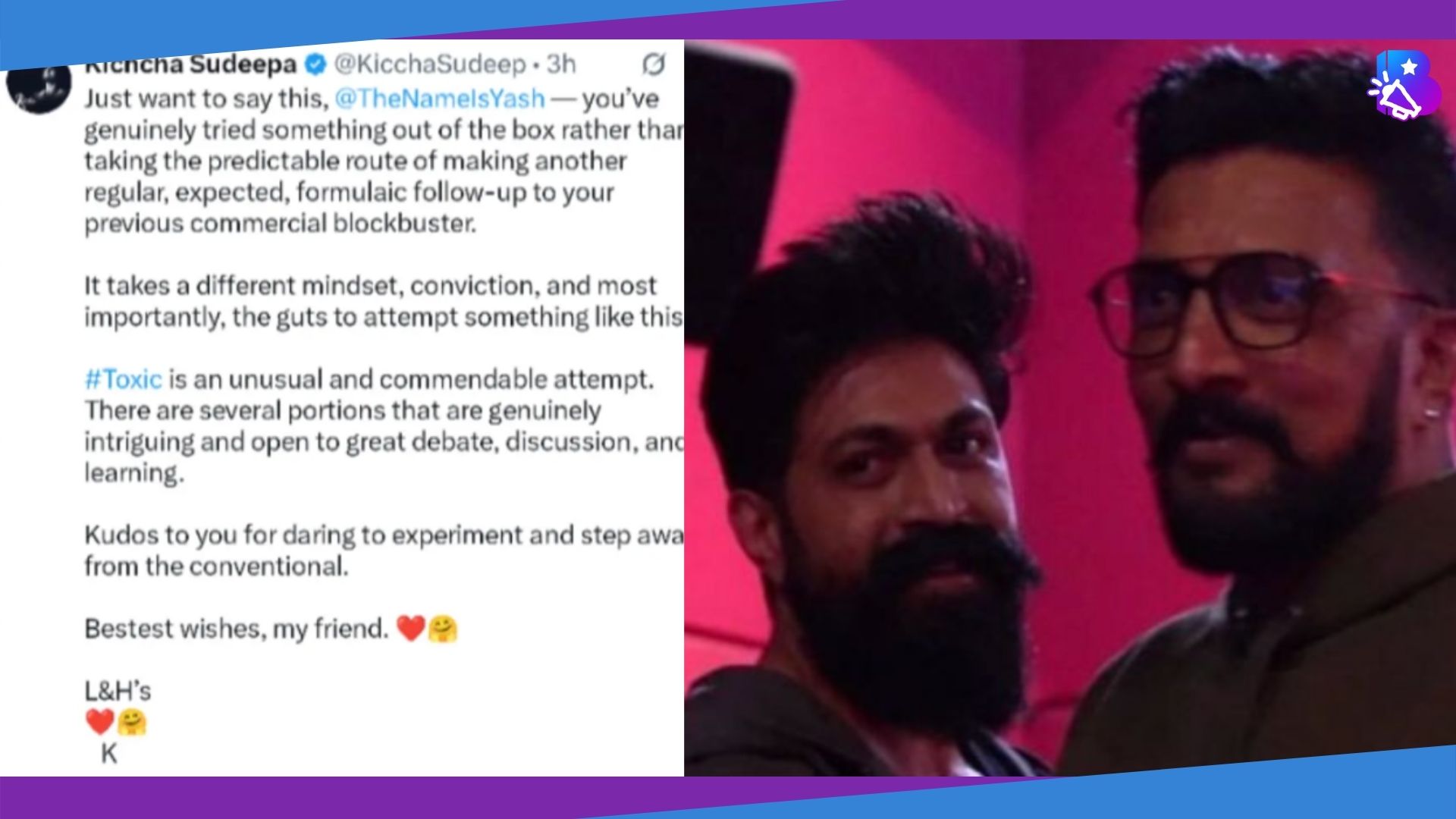 Kichcha Sudeepa has backed Yash's decision to experiment with Toxic as the film continues to receive divided reactions.