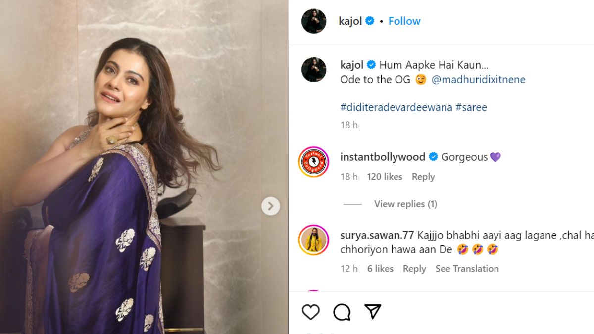 Kajol Channels Madhuri Dixit Iconic Look from Hum Aapke Hain Koun in Stunning Blue Saree