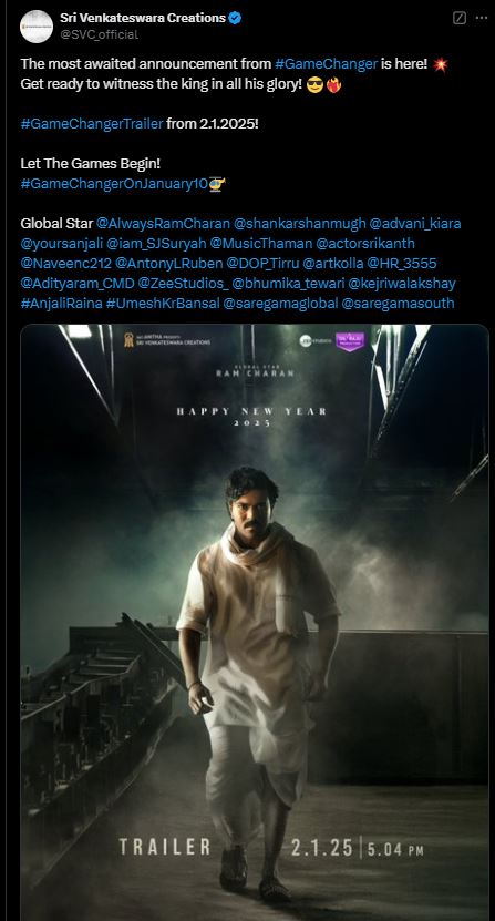 Ram Charan Movie Game Changer Trailer Release Date and Time Revealed, Fans in for a New Year Surprise