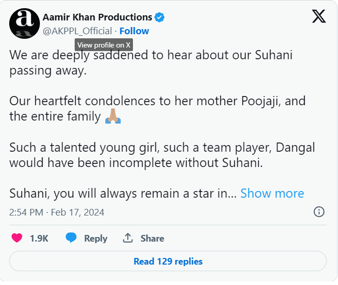 Aamir Khan Productions Mourns the Loss of Suhani Bhatnagar, A Star Gone Too Soon