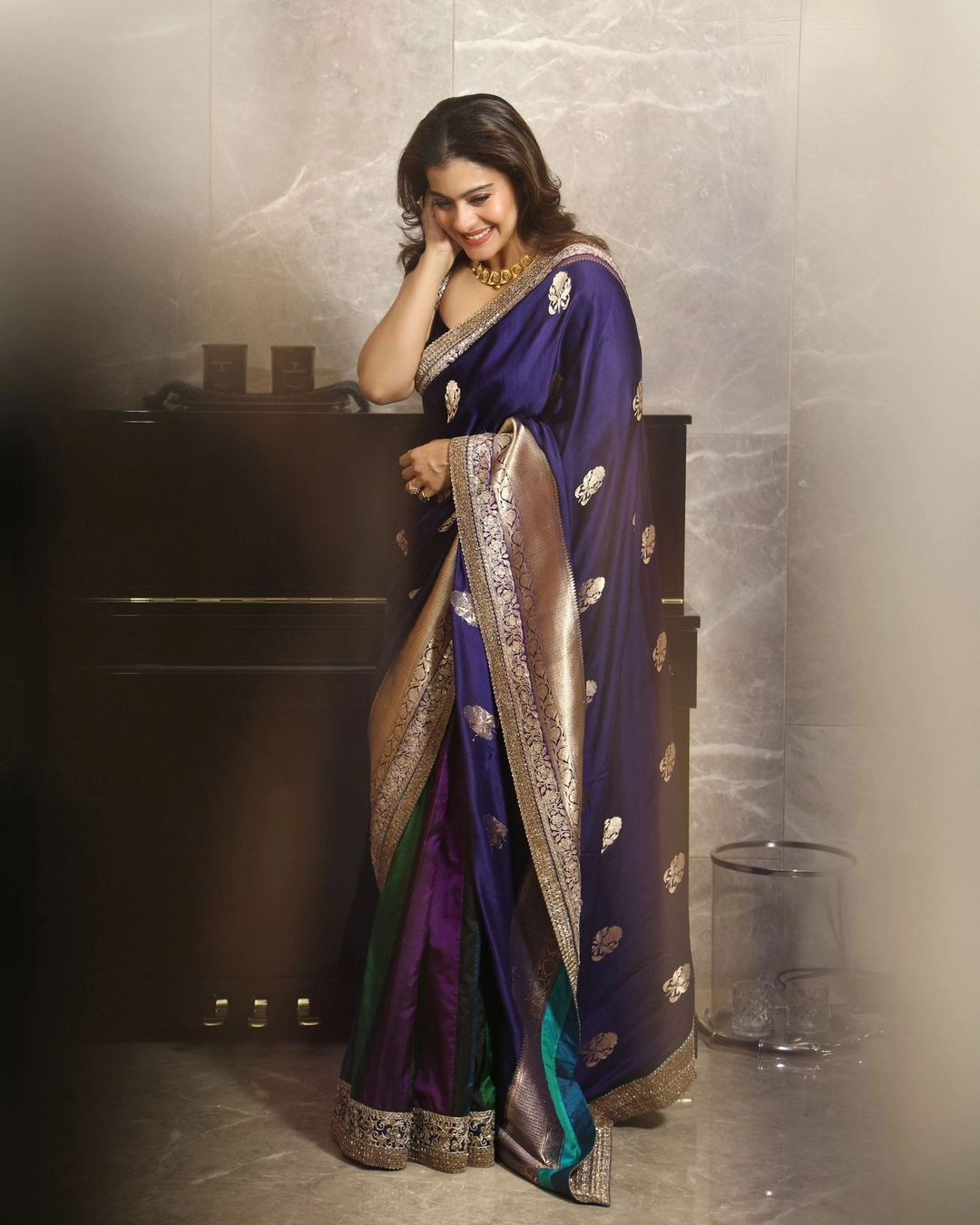 Kajol Channels Madhuri Dixit Iconic Look from Hum Aapke Hain Koun in Stunning Blue Saree