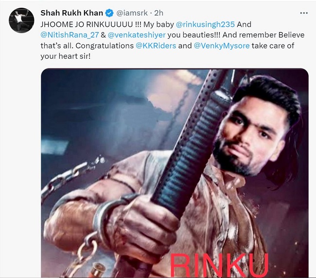 Shah Rukh Khan Impressed by Rinku Singh's Batting, Shares 'Pathaan' Poster on KKR Victory